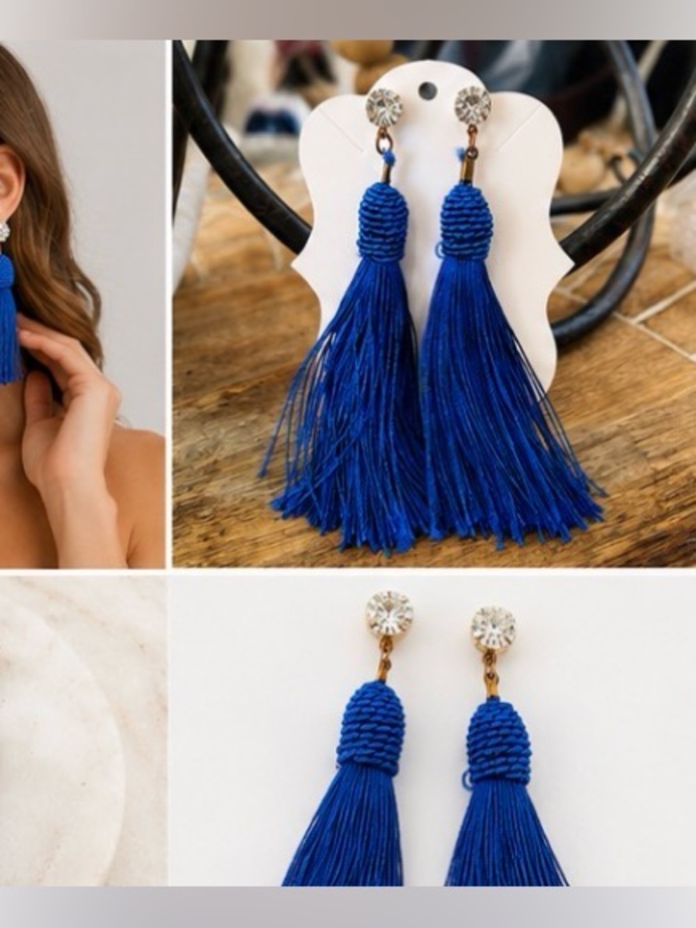 Cobalt Blue Long Tassel Statement Earrings with Rhinestone Studs
